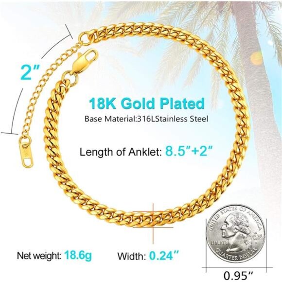 Resizable Anklet Chain for Women Men,Figaro/Wheat/Twist Rope/Cuban Foot Bracelet - Picture 5 of 7
